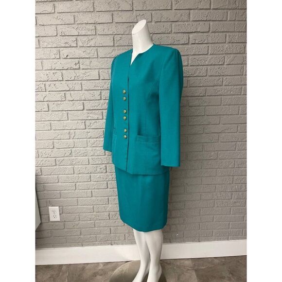 Le Suit Petite Teal Skirt Suit With Gold Tone Button 2 Pcs Set Size 8P - Picture 9 of 12